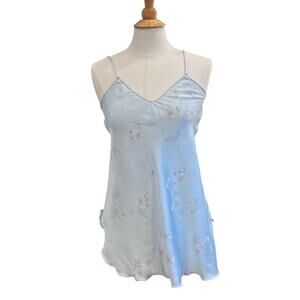 Vintage Val Mode Short Satin Slip Dress / Nightgown Pastel Blue Floral, Small